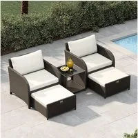 GarveeMore Gartenlounge-Set Terrassenmöbel mit Tisch,5 teilig Rattan Balkonmöbel Kleiner Balkon, Gartenmöbel Set Balkonset 2 Rattansessel mit Hocker,Outdoor Sitzgruppe