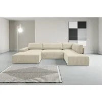 WERK2 Wohnlandschaft Rotterdam, U-Form, in kuschelweichem Cord oder Breitcord. Breite 329cm, Design Sofa mit Schlaffunktion & Bettkasten, Cord, Natur