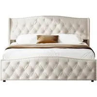 FUROKOY Stauraumbett hydraulischem Polsterbett mit Lattenrost, Doppelbett 160x200cm,mit gepolstertem Kopfteil,Beige,Samt