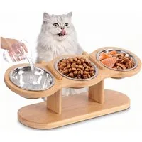 SURFOU Napf-Set Katzennäpfe Erhöht Futterstation Katze 15°Gekippte Höhe Verstellbar, Futternapf Erhöht mit 3 Edelstahl Schüsseln für Katzen,Kleine Hunde