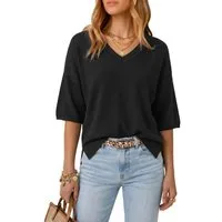 Arach&Cloz Kurzarmpullover Damen Oversized Sommer-Strickpullover, V-Ausschnitt (1-tlg) Ellenbogenlangarm, weicher Woll-Mix, luftig, für Büro Freizeit