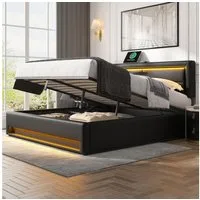 Flieks Polsterbett, LED Doppelbett 160x200cm mit USB-Anschluss und hydraulischem Stauraum