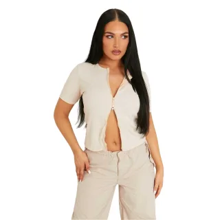 Missy Empire - Oberteil für Damen, Mit Reißverschluss, gerippt, Anliegend, kurzärmlig (Beige)