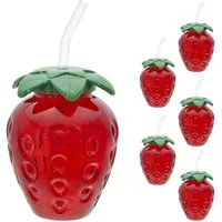 CEPEWA Deko-Glas Trinkglas Strawberry 6er Set Glastrinkhalm PS 450ml 9,5x13cm rot grün