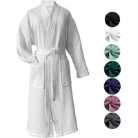 heimtexland Bademantel Reisebademantel Saunamantel Waffelpique Morgenmantel, Midilänge, Baumwolle, 2 Taschen I Bindegürtel, Gürtel, leicht I atmungsaktiv I kleines Packmaß I 100% Baumwolle