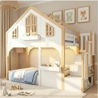Flieks Etagenbett, Hochbett Kinderbett Hausbett 90x200cm mit LED-Leiste & Stauraumtreppe