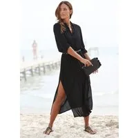LASCANA Hemdblusenkleid aus gekreppter Viskose, langärmliger Strandkleid, leicht transparent Maxikleid mit Schlitz, Beach-Cover-up, luftiges Sommerkleid, Festival