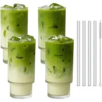 mixed24 Gläser-Set 4er Set Geriffelte Gläser 320ml inkl. Glashalm, ideal für Iced Matcha Latte, Latte Macchiato, Cocktails, Smoothies