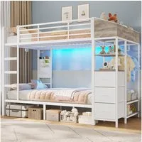 MSMASK Etagenbett mit Treppe, Garderobenständer und viel Stauraum, 90x200cm (1-St., Ohne Matratze), Modernes Hochbett mit LED Beleuchtung und Ladestation