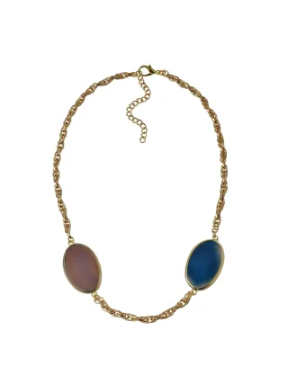 Steuer Modeschmuck Collier goldfarben mit 2 Achatscheiben braun und blau
