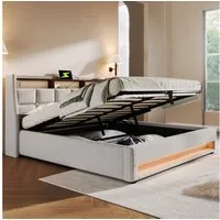 Flieks Polsterbett, Baumwolle-Leinen Bezug Stauraumbett mit USB-Anschluss + LED 160x200cm