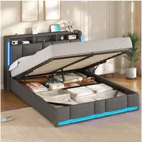MSMASK Polsterbett mit Steckdosen & LED Beleuchtung, Stauraum und Kopfteil