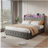 ADWOLT Stauraumbett Polsterbett mit Lattenrost und LED-Beleuchtung, Jugendbett 160x200cm mit USB&Type-C,Doppelbett mit 4 Schubladen,Grau