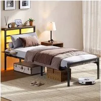 Yaheetech Bettgestell mit LED-Beleuchtung & Ladestation & Seitlicher Ablage, Einzelbett 90 × 200 cm Metallbett mit Stauraum unter dem Bett