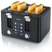Arendo Toaster 4-Scheiben, Edelstahl, Brötchenaufsatz, Restzeitanzeige, Schwarz, 4 kurze Schlitze, für 4 Scheiben, 1750 W, Doppelwandgehäuse, Defrost Funktion, Krümelschublade, 6 Bräunungsgrade