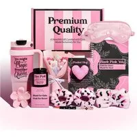 Luckice Pflege-Geschenkbox Geschenkset Damen Premium,Wellness Geschenkbox mit Thermobecher, Duftkerze, Schlafmaske, Notizbuch, Häkelblumen, Haargummis, Haarspange & Grußkarte – Geschenk für Frauen, Freundin, Mutter, Geburtstag, Weihnachten, 11-tlg., 