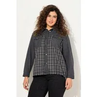 Ulla Popken Longbluse Jeanshemd Flanell-Einsatz Hemdkragen Fransen