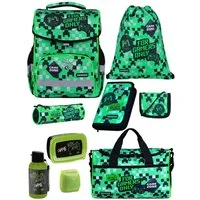 Familando Schulranzen Basic Plus 1.-4. Klasse ergonomisch, leicht, Volumen 15 Liter (Set, 9-tlg., inkl. Lunch-Set und Sporttasche), Gamer Pixel Playworld Motiv