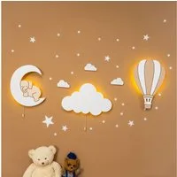 COZYCOLLECTIONS LED Wandleuchte Handbemaltes LED-Wandnachtlicht „Elefant auf dem Mond“ in Holzoptik, LED, Warmweiß, Montessori-Design: ruhige Formen, warmes LED, kabellos