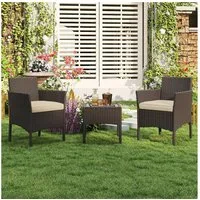 Yaheetech Balkonset Gartenmöbel-Set 3-Teilig in Rattanoptik für 2 Personen, Gartengarnitur inkl. 2 Stühle mit Kissen & Tisch mit Hartglasplatte