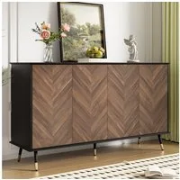 Merax Sideboard Fischgrätmuster Wohnzimmerschrank Buffet Schrank (140 x 40 x 80 cm, 1 St), Kommode mit 4 Türen, Stauraum, Metallbeine & Verstellbaren Regalen