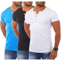 Young & Rich T-Shirt Herren basic fein gerippt mit trendigen extra großen Knöpfen 1872 mit Knopfleiste unifarben kurzarm slim fit