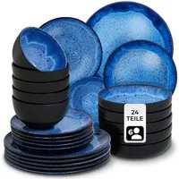 tectake Geschirr-Set Tafelservice aus Steingut für 6 Personen, ineinander stapelbar (24-tlg), 6 Personen, Steingut, handgefertigt, mit Glasur, spülmaschinen- und mikrowellengeeignet