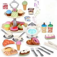 Kramow Spiellebensmittel Teeparty Spielset für Kinder, interaktive Teekanne & Dessertständer, (Teeparty Spielset mit interaktiver Teekanne, Dessertständer und Zubehör, 62-tlg., Kinderspielset für Rollenspiele mit Licht-Teekanne Spielzeug-Desserts), I