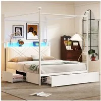 Flieks Himmelbett, Stauraumbett Metallbett 140x190cm mit 3 Schubladen, LED und USB/Typ-C