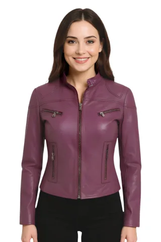 Lilafarbene, lässige Slim-Fit-Bikerjacke aus Leder für Damen – Tulsa