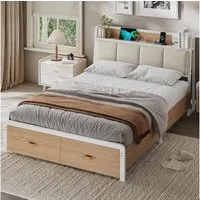 KIMENICH Metallbett Bettgestell mit Ladestation und 2 Schubladen, Jugendbett (1-tlg., Ohne Matratze), 140x190cm, Weiß + Natur