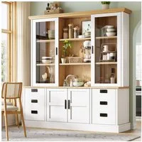 Flieks Küchenbuffet Glasvitrine Hochschrank mit 2 Glastüren und 6 Schubladen (1-St., B140/T40/H185 cm) Mehrzweckschrank Multifunktionsschrank Bücherregal Weiß & Natur