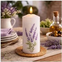 MARELIDA LED-Kerze LED Kerze mit Lavendel Motiv Echtwachskerze 7x18,5cm Batterie Timer, LED Classic, warmweiß (2100K bis 3000K)