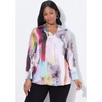 Ulla Popken Satinbluse Seiden-Tunika Aquarell-Design V-Ausschnitt Langarm