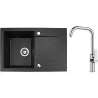 manestein Granitspüle Luna Granit Küchenspüle mit Hoch Chrom Armatur und Siphon 76x44cm, Rechteck