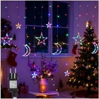 MUPOO Lichtervorhang LED Lichtervorhang Sternen und Monden Lichterkette Ramadan, Weihnachten, Timer, Speicherfunktion, Energiesparende
