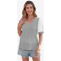 Imily Bela T-Shirt Damen Kurzarm Stricken mit Streifenmuster Puffärmeln und V-Ausschnitt (Packung, 1-tlg., 1per-Pack) gehäkelt