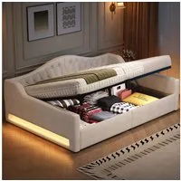 Merax Daybett mit hydraulischem Stauraum (Schlafsofa Sofabett Jugendbett Kinderbett Polsterbett, 1 tlg), Tagesbett 140x200cm mit LED-Beleuchtung Lattenrost Rückenlehne, Leinen
