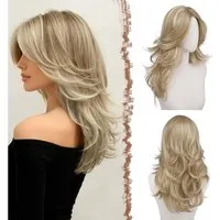 LuxusKollektion Kunsthaarperücke Perücke Vorhangpony 50cm Mittelscheitel lockig Dreckiges Blond