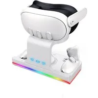 KINSI Magnetischer Ladeständer für Meta Quest 3/VR Grip,Kopfband-Ladestation Konsolen-Ladestation (Ladestation mit RGB-Beleuchtung, mit 2 wiederaufladbaren Batterien)