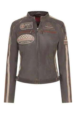 Damen Vintage Hellbraune Leder Biker Racing Badges Jacke-Agadir