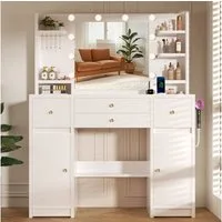 Lexzurn Schminktisch mit Spiegel und LED-Beleuchtung, Steckdose und USB-Anschluss, (9 offene Fächer, 4 Schubladen, 2 Schränke, 5 Schmuckhaken, 10 LED-Leuchten, 3 Lichtfarben), Maße: 108×40×140 cm. Leise laufende Schienen, Kippschutz.