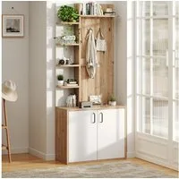 Merax Garderoben-Set Garderobenständer in Holz-Weiß, (für kleine Eingänge & Foyers, 1-St., 75x33x180 cm), Flurschrank mit 6 offenen Ablagen & geschlossenem Doppeltür-Schrank