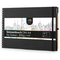 OfficeTree Skizzenbuch OfficeTree Skizzenbuch A4 quer mit Verschluss, Stift und Stiftehalter, 96 Seiten 48 Blätter - Sketchbook 200g - Weißes Blanko Papier