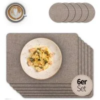 matches21 HOME & HOBBY Platzset Tischsets mit Glasuntersetzer 6er Set Braun Leinen Stoff-Optik, (6-St), Abwaschbare hitzebeständige PVC Platzsets