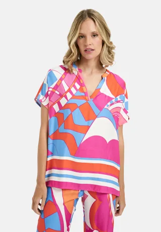 Milano Italy - Blousetop with panel and v-neck bright pink print - Gr. - 38