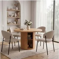 Jiexi Essgruppe Essgruppe rund Ø110cm MDF Eiche mit Stauraum & Cord-Stühlen