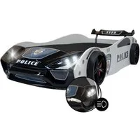 Coemo Autobett V2 POLICE (Komplett-Set Bett und Lattenrost), Kinderbett 90x200 cm Polizeiauto POLICE Rennwagen mit Beleuchtung