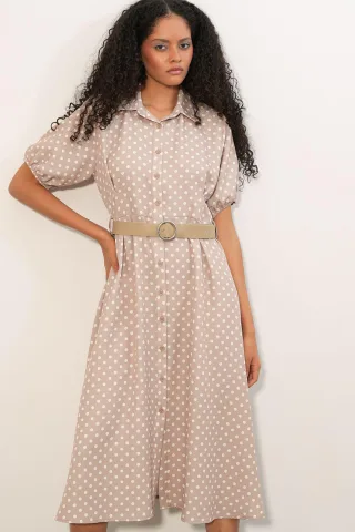 Punkte-Muster Midi Hemdblusenkleid mit Gürtel