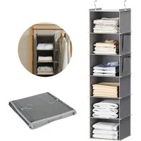 HEYHIPPO Hängeaufbewahrung Hängeregal für Schrank–6 Fächer,aus Stoff,grau,mit Bambusverstärkung (Stoff Hängeregal – hängendes Schrankregal mit 6 Fächern, platzsparend), Hängeaufbewahrung – mehrlagiger Schrank-Organizer, 30×30×120 cm